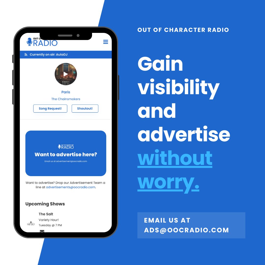 drownradionet's tweet image. Want to gain visibility through advertisement? No better place to advertise than Out of Character Radio!

Email us at ads@oocradio.com to get the process started!