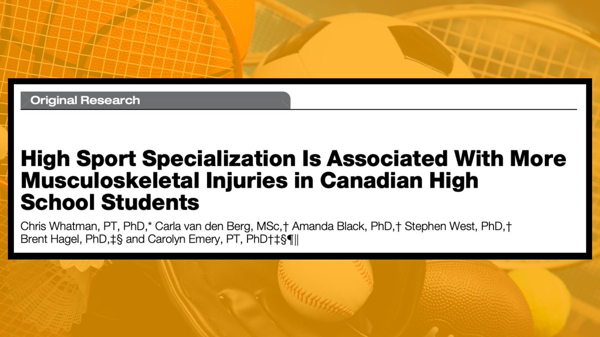 CarlavdB_'s tweet photo. 📚Excited to share our recent publication on sport specialization &amp; injury in 🇨🇦 high school students https://t.co/YfjTnKeeYy

Specialization levels:
31% high (top sports:💃⚽️🏀🏒🏐)
37% mod
32% low

36% ⬆️ injury incidence rate in high vs low (likely related to training volume) https://t.co/N7PIMwolVK