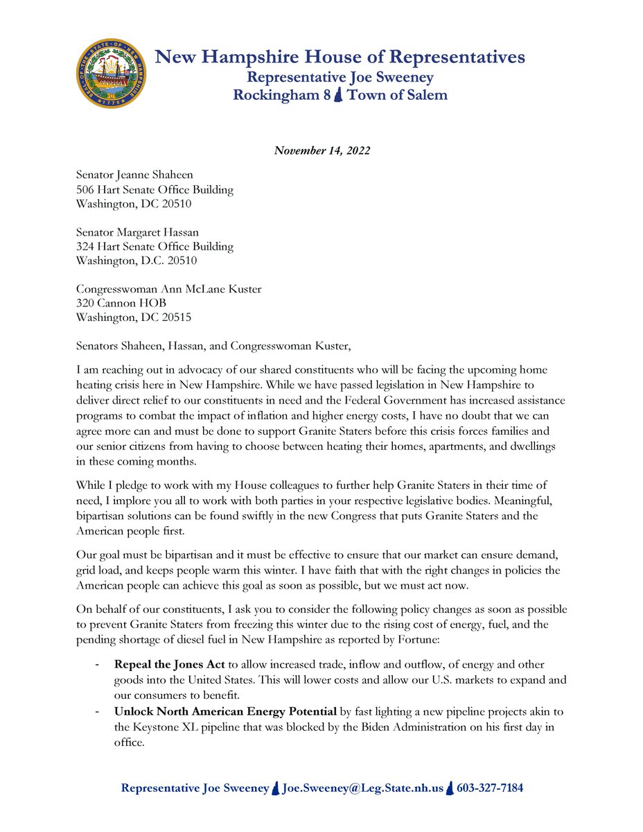 JoeSweeneyNH's tweet photo. Granite Staters are facing an unprecedented heating crisis this winter caused by our Federal Government’s flawed energy policies.

I’ve raised my concerns with @SenatorShaheen, @SenatorHassan, &amp; @RepAnnieKuster on behalf of my constituents and urge them to take immediate action. https://t.co/EhBNe2eNCq
