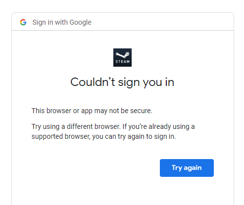 JackSerrex's tweet photo. @Steam I am trying to link a YouTube account to my Steam account in the video's section of my profile but every time it prompts me to sign in it says that the browser is not secure and that I could not be signed in. Any fix? https://t.co/Qmv0tRgPOe