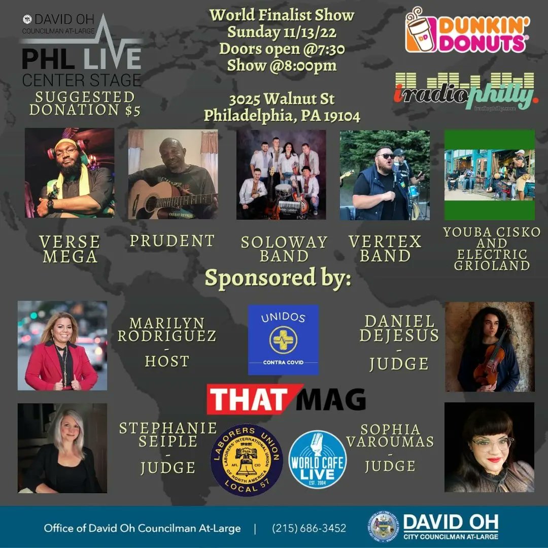 PHLLive1's tweet image. Very very dope sound check with #VertexBand at @worldcafelive as they prepare for our #PHLLIVE World Finalist Show 

Doors open at 7:30pm
Show starts at 8pm
Suggested donation is $5