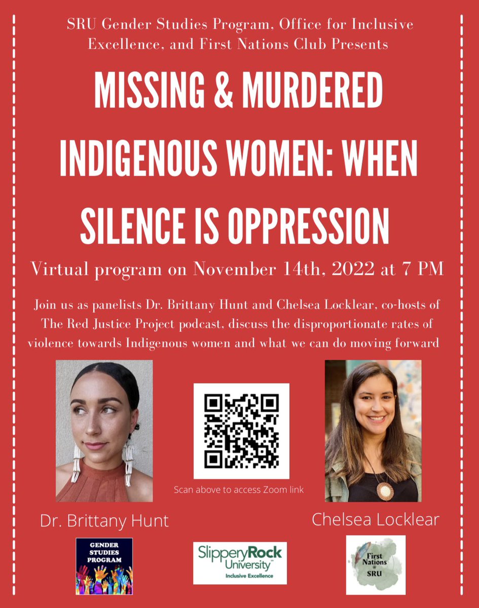 Please join us tomorrow evening, November 14th, for Missing and Murdered Indigenous Women: When Silence is Oppression. It will be held virtually on Zoom from 7-8:30 PM. You can access the link via the QR code on the poster or on our CORE page! Hope to see you there!