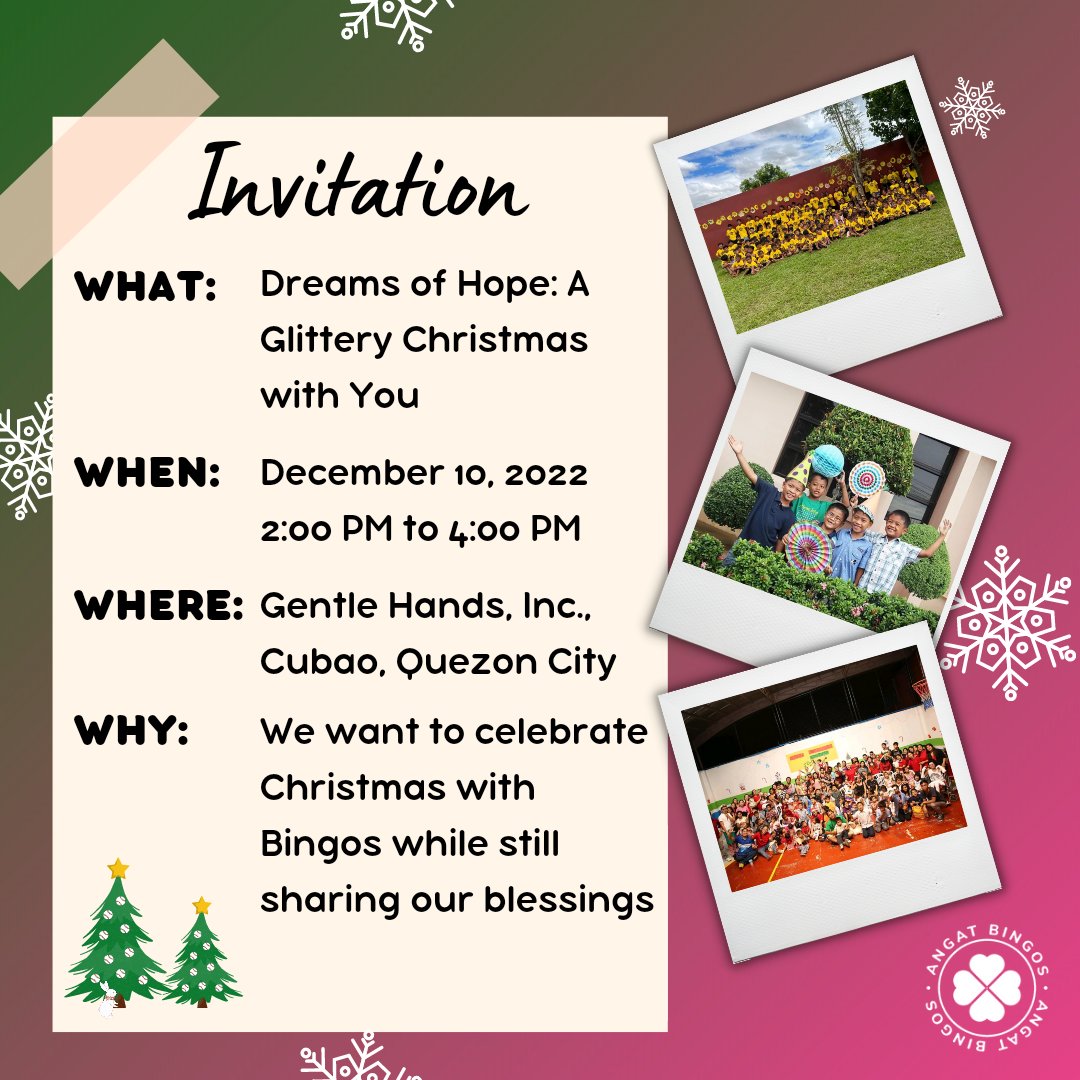 angat_bingos's tweet photo. HAPPY HOLIDAYS, BINGOS!🎄🎁

We're inviting you to Dreams of Hope, a wonderful day of gift giving! On 12.10, we're hosting a Christmas party for an orphanage. 

The photos and certificate of appreciation will be sent to PEB as a Christmas gift.

#NoBingosLeftBehind
#DreamsOfHope https://t.co/F6Ejx8b3pE