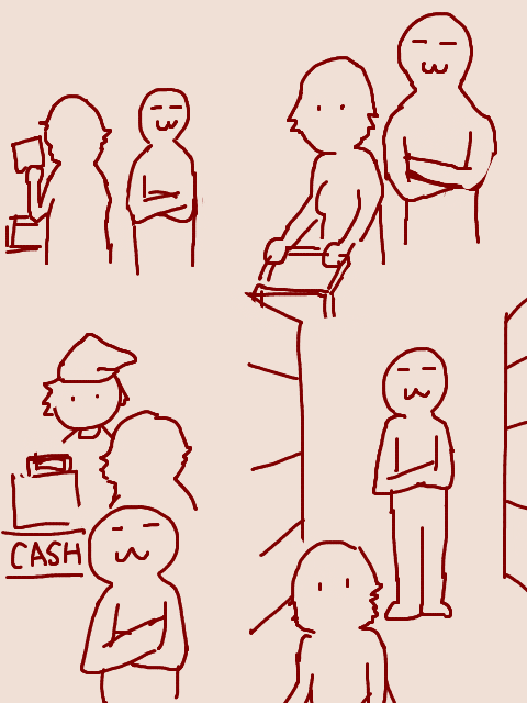 スーパーで奥さんを手伝うわけでもなく
腕組みして後をついて歩くダンナを描きました 