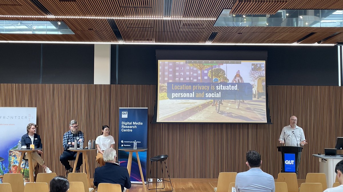 Chaired by Assoc. Prof. Markus Rittenbruch @markumoto, the 2nd panel at the #QUTwhere symposium focuses on designing for location #privacy, with @Dr_Yu_Kao, Dr Jessica Megarry, Dr @nicodonnell, and @NicSmythe #geoprivacy @QUT @qutdmrc @QUTdesign @UrbanInf research.qut.edu.au/geoprivacy/whe…