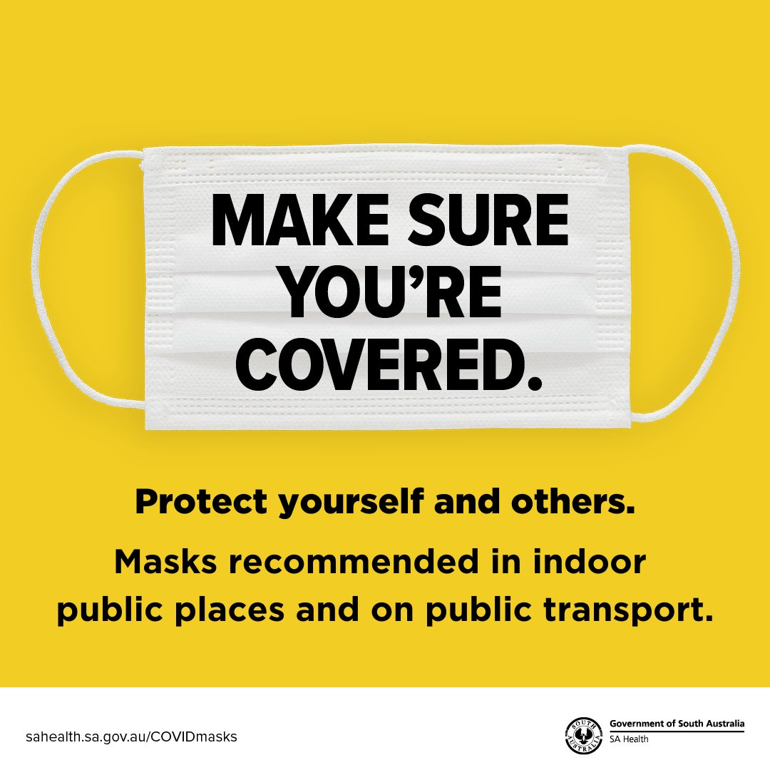There has been an increase in COVID-19 cases in our community over the last week. 

Masks are now strongly recommended in indoor places and on public transport. 

You should always wear a mask if required by a healthcare setting, venue or household.

ℹ️ sahealth.sa.gov.au/COVIDmasks