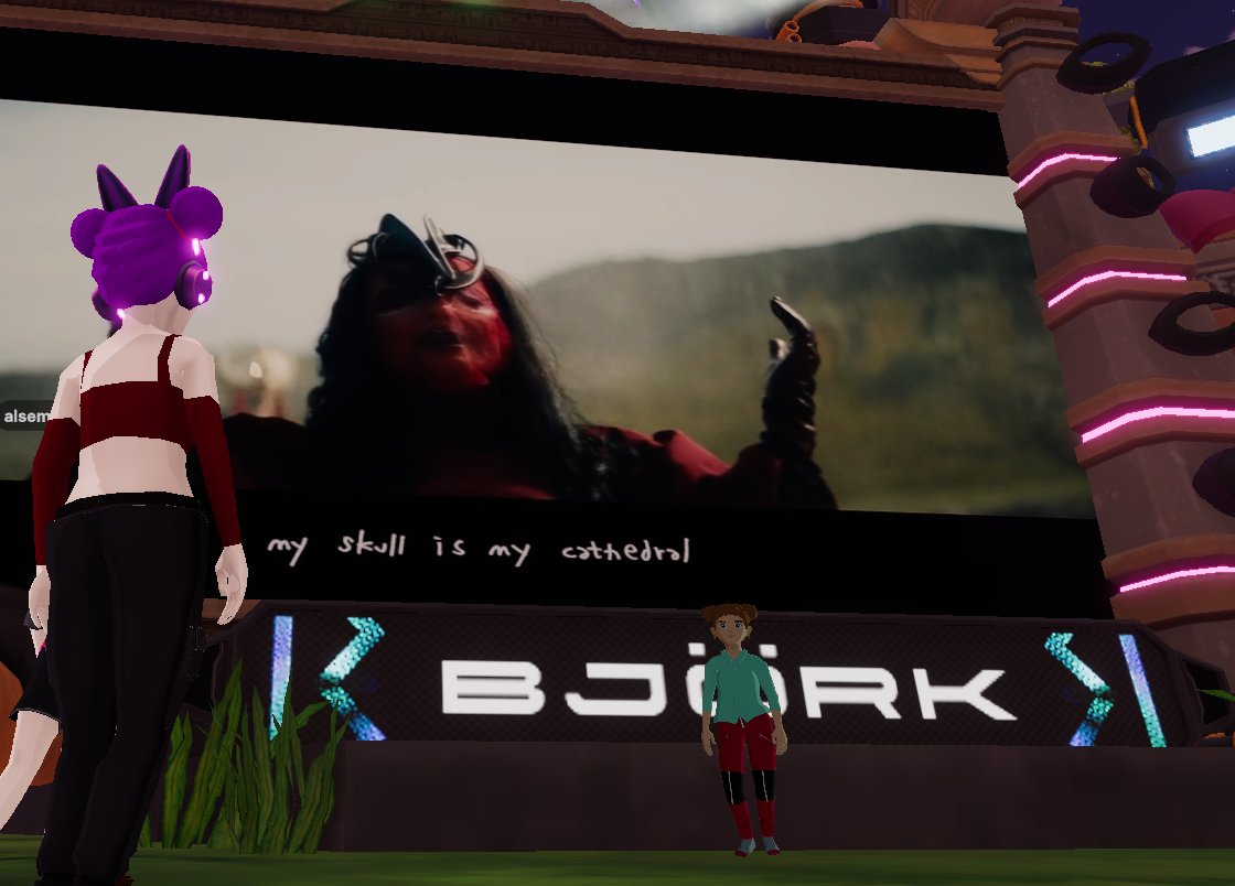 RoseBonnuit's tweet photo. @bjork in #Decentraland at @MVMFPresents was amazing, growing grass and rainfall included. No surprise she decided to join in, just look back at her video for Hunter... metaverse vibes! #DCL #Bjork #DebutInDCL https://t.co/iyXsIUofdw
