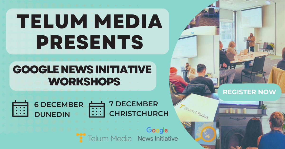 TelumMedia's tweet photo. Calling all New Zealand newsrooms! Telum and the Google News Initiative are hosting free digital media workshops in December!

Register below:
Dunedin: 
https://t.co/Esn1d3bUXG

Christchurch: 
https://t.co/UymW1uWEEr https://t.co/qfFMzkfPhV