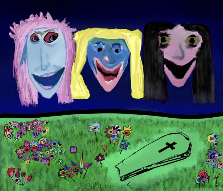 16. “Creepy Funeral” by <a href="/johnpeterart/">John Peter</a> 

John draws happy creepy faces. Part of #RIPHEN, minted for 0.1 XTZ.