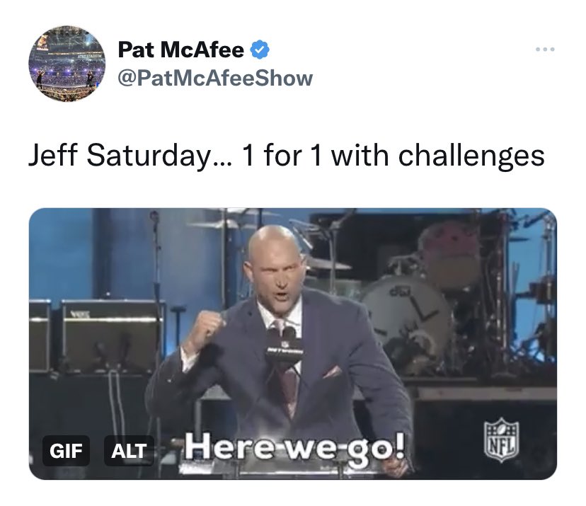 coltsmilitia_'s tweet photo. Every time Pat McAfee tweeted about Jeff Saturday, he included a GIF of someone that talked trash on Jeff being named HC. 😂😂😂

The pettiness is next level. And I love it! #Colts https://t.co/YrLEMn1FrV