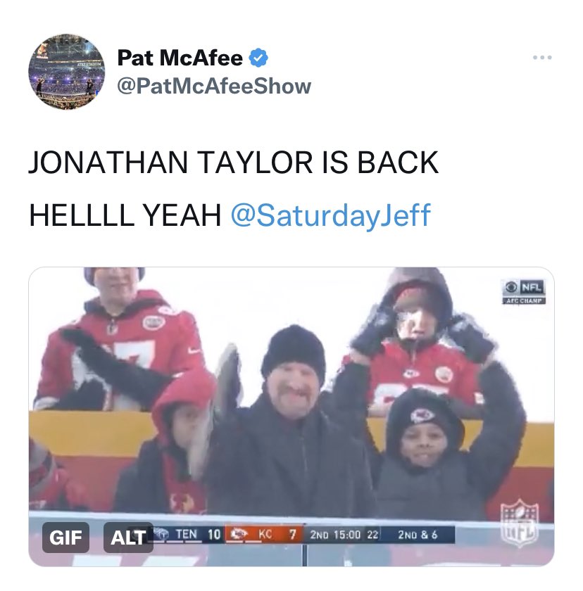 coltsmilitia_'s tweet photo. Every time Pat McAfee tweeted about Jeff Saturday, he included a GIF of someone that talked trash on Jeff being named HC. 😂😂😂

The pettiness is next level. And I love it! #Colts https://t.co/YrLEMn1FrV