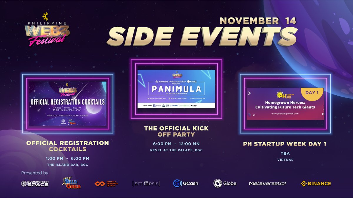 Get your tickets ready &amp; invite your friends! Today, we're having drinks and a FREE NFT Art Workshop to kickoff the...

🎉 PHILIPPINE WEB3 FESTIVAL 🎉

Links and Details in 🧵

1/5