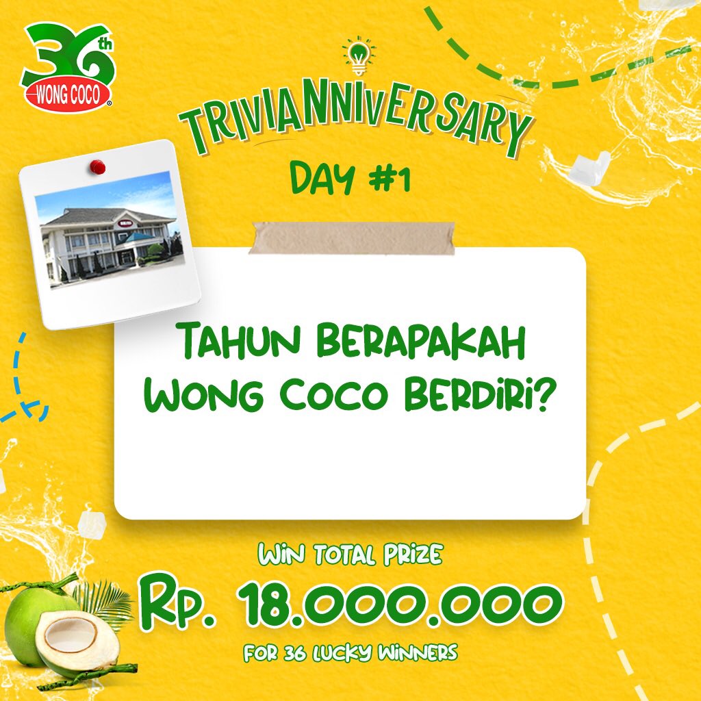 It’s Time For 𝐓𝐑𝐈𝐕𝐈𝐀𝐍𝐍𝐈𝐕𝐄𝐑𝐒𝐀𝐑𝐘! 

Teman SeRat, kamu tau gak kapan Wong Coco berdiri? 

Jawab Trivia Series 3 hari ke depan di Instagram @wongcoco.id dan menangkan hadiah total 𝐑𝐩𝟏𝟖.𝟎𝟎𝟎.𝟎𝟎𝟎 untuk 36 orang pemenang yang masing--