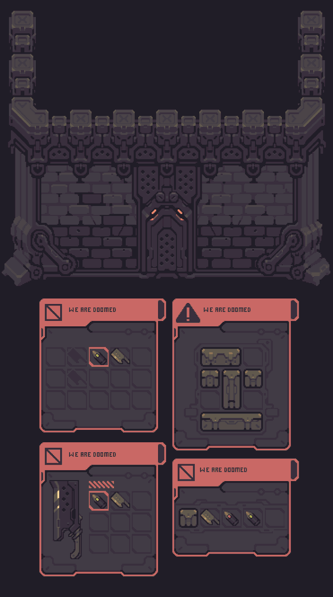 HokeyBones's tweet image. Worked on the gothic mecha-fortress tile set some more as well as some different menu types. #indiedev #Pixelart