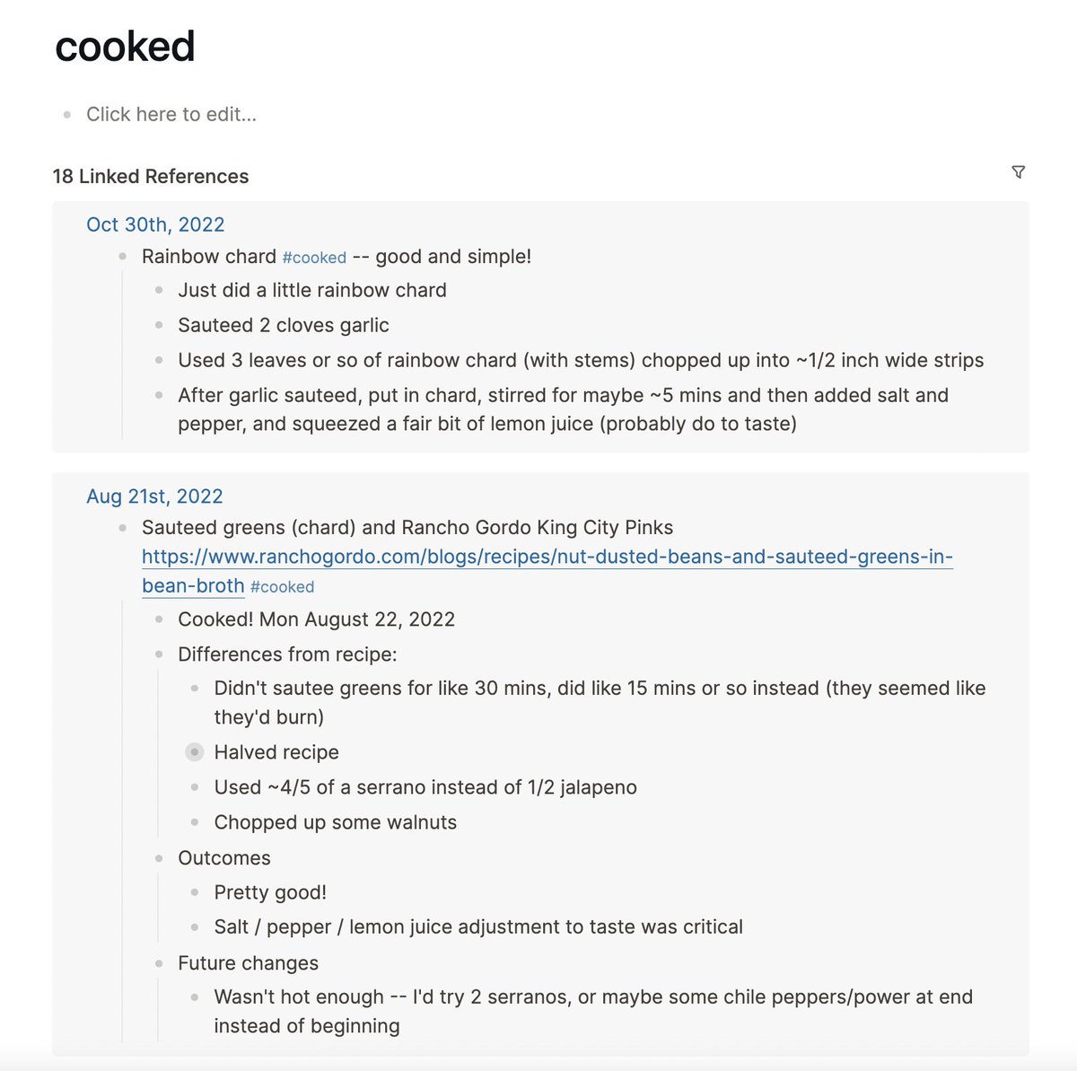 allafarce's tweet photo. @Sneakyness @tiffani The whole Zettelkasten idea behind it is so, so good.
Let me give one clear example of where it's markedly improved my life: I take notes on recipes. They start as #tocook but then become #cooked afterward. The ability to pull a last go up and then note new changes... rules. https://t.co/hWru8Ke8KY