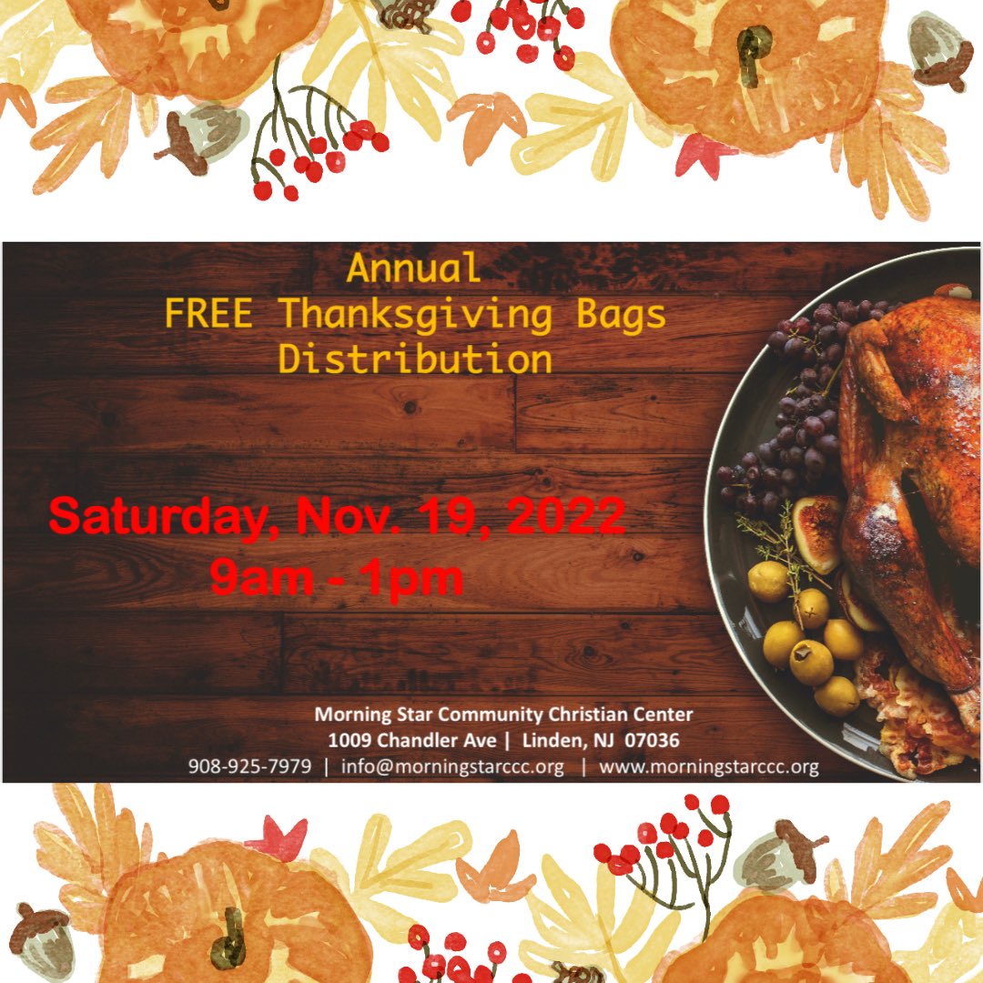 MorningStarCCC's tweet photo. Annual Thanksgiving Bags Distribution ππππππππππππ
Saturday, Nov. 19, 2022 9am - 1pm
_________________________________
#MSCCC
#FREE
#Thanksgiving
#ServingOurCommunity
#WeServe
#OurBestYearEver https://t.co/nfy4vQvM1S