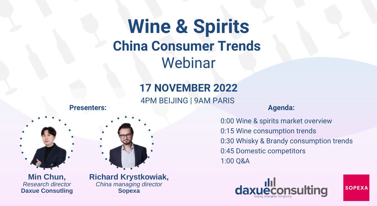 Are you a wine and spirits lover?

If so, we are inviting you to our Wine &amp; Spirits China Consumer Trends Webinar this coming Thursday (November 17) at 4PM China time!

Register here: daxueconsulting.com/webinar-chinas…

#wine #spirits #webinar #alcohol #china