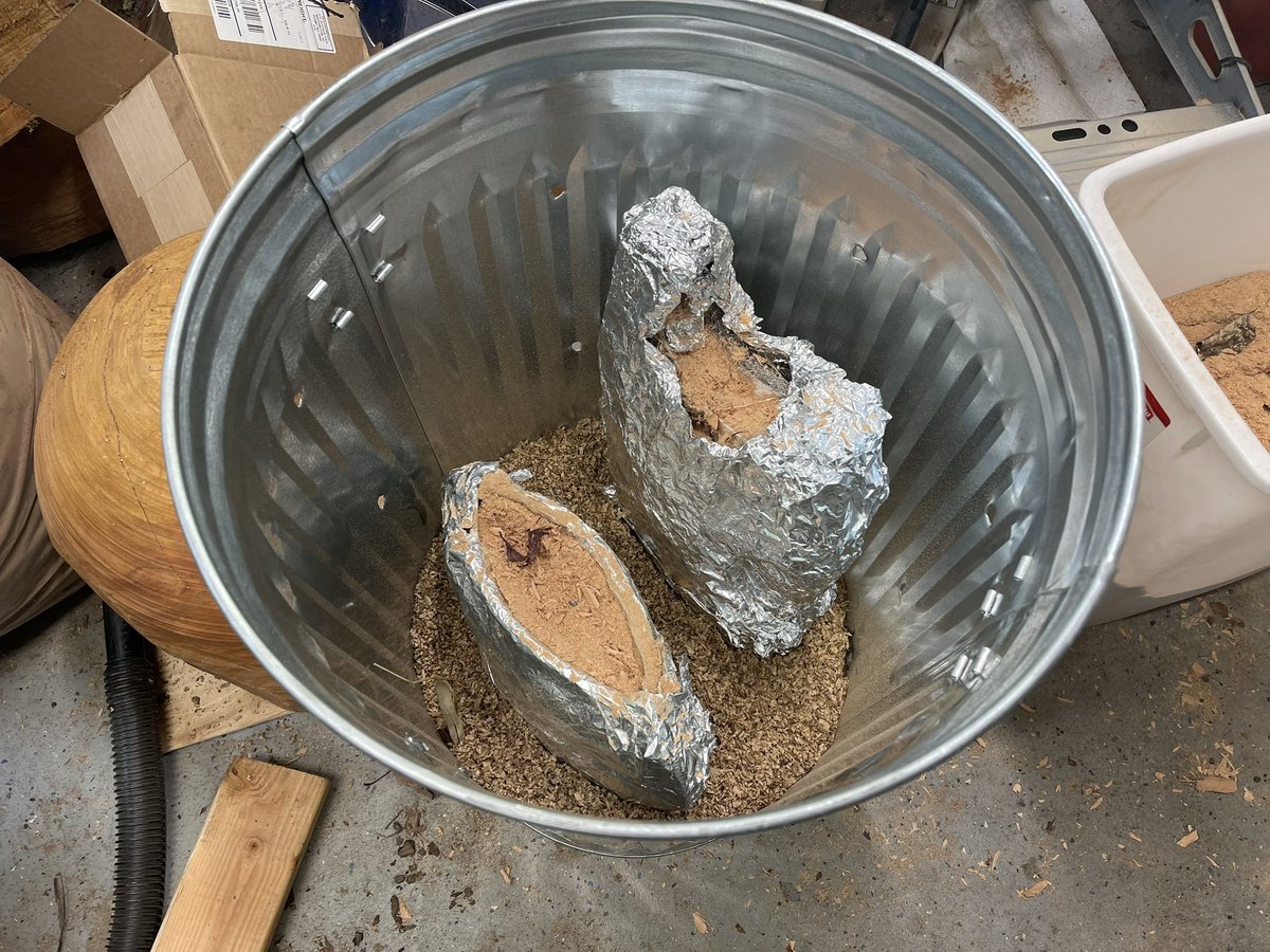 SDArtWork's tweet photo. 5 1/2 hour burn. Will be able to remove the pieces tmmw night after cooling. Fingers crossed colors were produced and no breakage. 
#fineart #traditionalart #rakupottery #barrelfire #saggarfire #metaversefineart https://t.co/cRjYO2ZInh