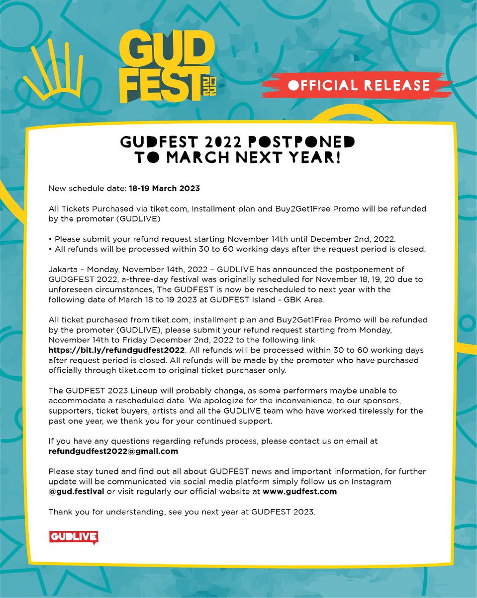 Dear Valued Customer, 
With a heavy heart, we sincerely apologize and announce that #GUDFEST2022 postponed. #GUDFEST2022 is now reschedule to the next year on 18 to 19 March 2023.

We’ll keep you update for more details.