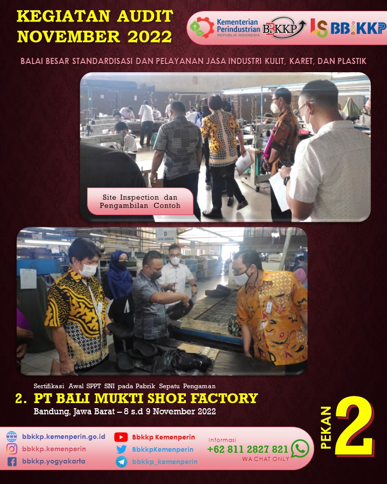 BbkkpKemenperin's tweet photo. Pekan ke 2 Bulan November 2022 kemarin, Lembaga Sertifikasi BBSPJIKKP melaksanakan 2 kegiatan audit:
1. CV AL ABRAR di Surakarta, Jawa Tengah
2. PT BALI MUKTI SHOE FACTORY di Bandung, Jawa Barat
#kemenperin_ri #bbspjikkp #bbkkp
#sertifikasi #audit #jagaindustri https://t.co/uYQnbaZhsV