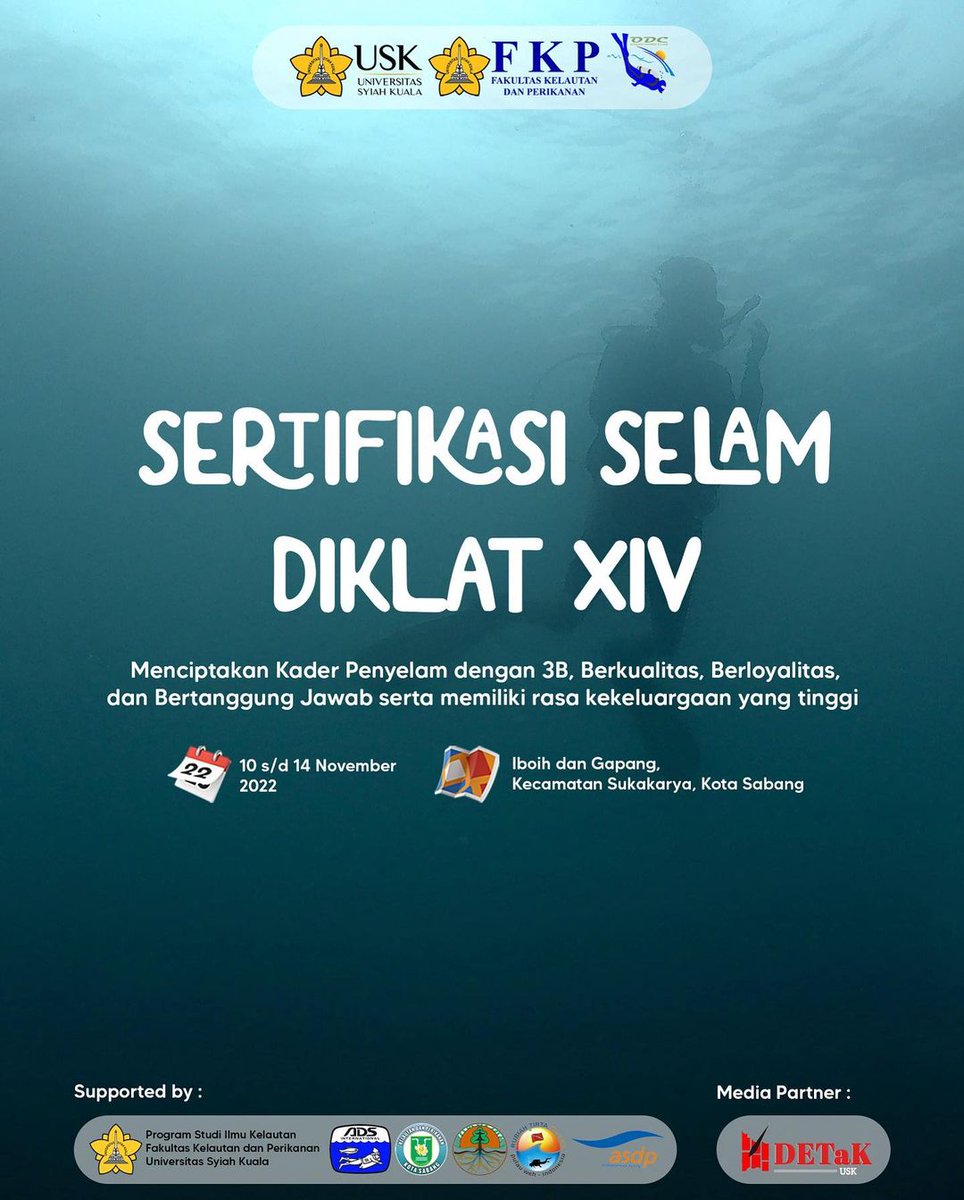 ODC_USK's tweet photo. Assalamualaikum wr wb 

[Sertifikasi Selam]

Hallo buddies…
Sertifikasi Selam bertujuan untuk regenerasi penyelam ilmiah yang berasal dari Fakultas Kelautan dan Perikanan, Universitas Syiah Kuala. 
https://t.co/BwguEFadZd https://t.co/uO6cZBrePy