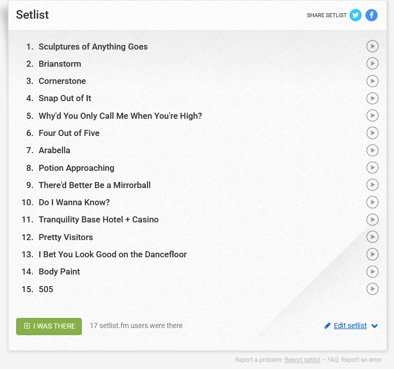 hetgolix's tweet photo. Ok, ahora si este el setlist que toco Arctic Monkeys en su presentacion en el Primavera Sound Buenos Aires, en Argentina. Tuvieron que sacar canciones por que tenian 15 minutos menos que los habituales para tocar. Por primera vez en el tour no cerraron con R u mine. https://t.co/CtpoM6OQnH