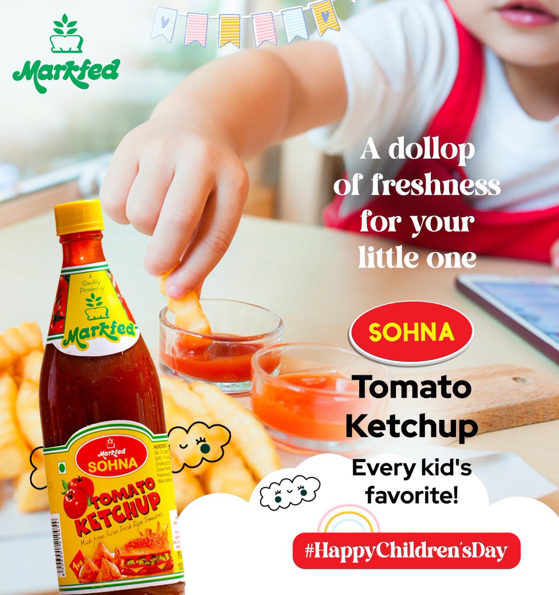 SOHNA_Markfed's tweet photo. SOHNA Tomato ketchup explodes energy and spreads joy. This Childrenโs Day, let your little one explore the goodness of freshness with SOHNA Tomato ketchup!๐ฅซ
Warm greetings of Childrenโs day to everyone.๐
#sohnamarkfed #markfedsohna #happychildrensday #childrensday https://t.co/aUb7wyewJo