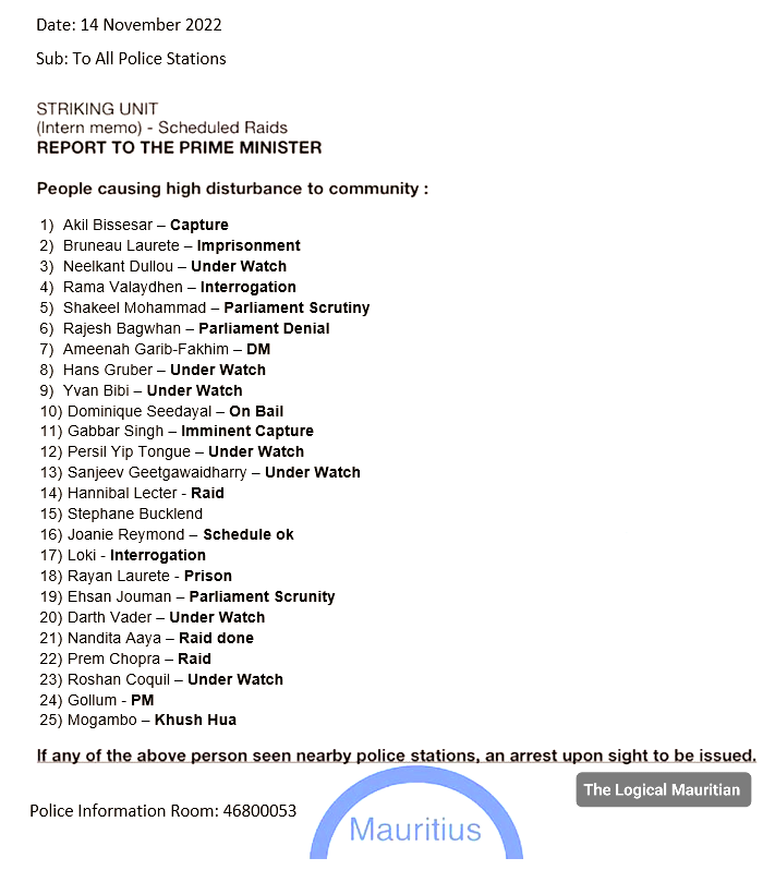 ⚠️🚨BREAKING NEWS🚨⚠️

Striking Unit strikes again!

Latest updated #HitList by Striking Team leaked on WhatsApp this morning.

#TheLogicalMauritian #Moris #StrikingTeam #Police #Mauritius

Note: Any resemblance to any person dead or alive is a pure coincidence.