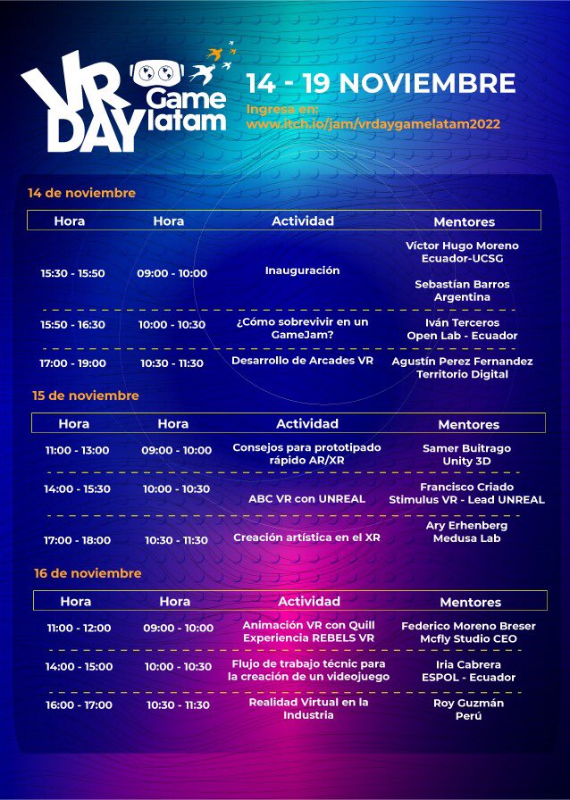 Sabías que del 14 al 19 de noviembre del 2022 celebramos el #VirtualRealityDayLatam y su #GameJamLatam. Puedes registrarte para asistir a las charlas en: itch.io/jam/vrdaygamel…