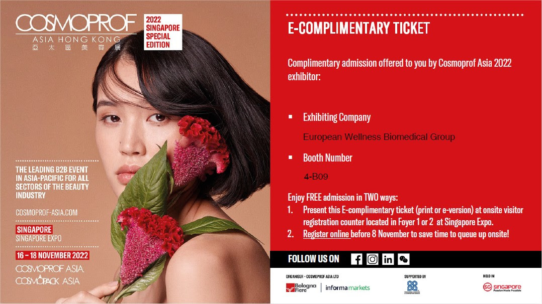 EWAacademy's tweet photo. Great news! You can enjoy a free-of-charge admission to meet us at the upcoming Cosmoprof Asia 2022: Singapore Special Edition by using the European Wellness Biomedical Group e-complimentary ticket (eIC)!

https://t.co/9SLVkrsESU

#biomedical #cosmoprof2022 #asia #wellness https://t.co/3LTlkUVKd7