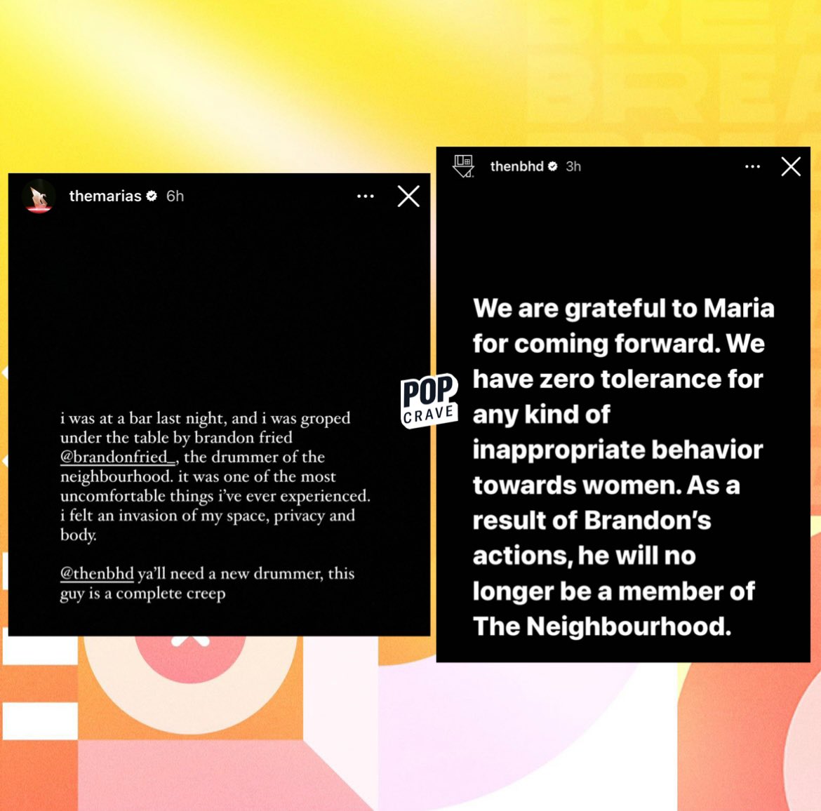 PopCrave's tweet photo. The Neighbourhood have fired drummer Brandon Fried after it was revealed that he sexually assaulted The Marías singer, María Zardoya. https://t.co/qfgd9U8a0F