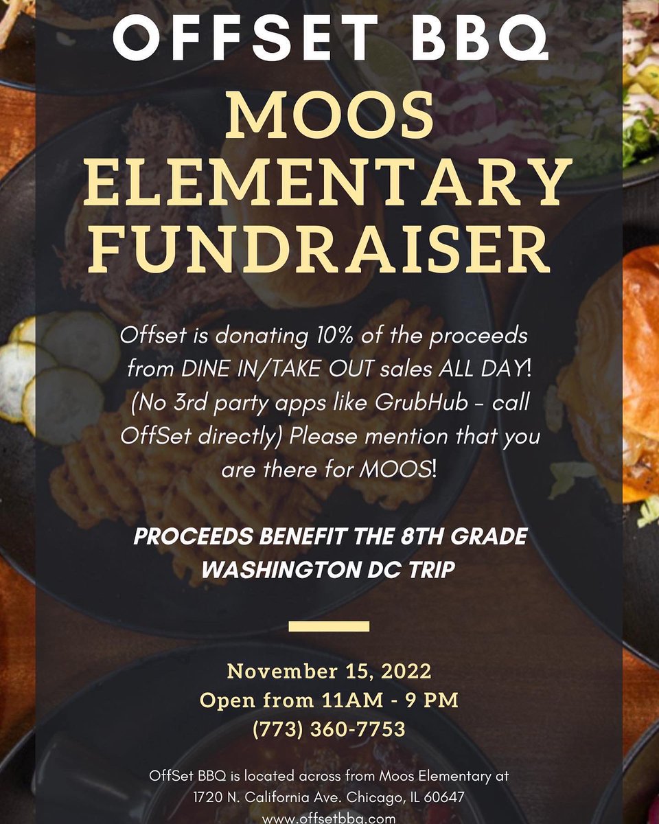 MoosElementary's tweet photo. 📣Reminder: 📣
Eat out for lunch or dinner Tuesday! Our friends at @OffsetBBQ are hosting a funndraiser ALL DAY for dine in or take out! Mention @MoosElementary and Offset will donate 10% of the profits to our school!
#doitfortheMoos #WashingtonDCtrip #Classof2023 #deliciousBBQ https://t.co/KU9I7BUB4x