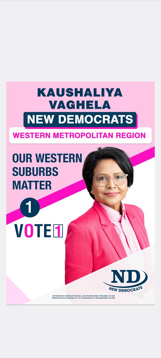 HOW TO VOTE FOR ME IN WESTERN METROPOLITAN REGION:

Vote '1' for NEW DEMOCRATS in Box 'M' above the thick black line on the Upper House large ballot paper for Western Metropolitan Region.

Vote 1 New Democrats 
New Choice
New Voice 

#PutLaborLast
#KaushaliyaMP