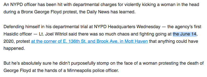 AshAgony's tweet image. The article starts off by getting the date of the protest wrong. This protest was the #FTP4 protest in the Bronx which happened on *June 4*, not June 14.

The article linked to in the 2nd paragraph even came out the next day on June 5.