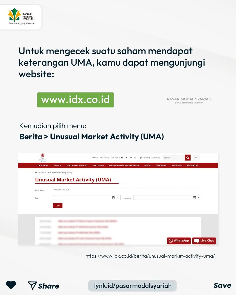 pm_syariah's tweet photo. UMA bisa terjadi ketika harga suatu saham/volume transaksi yg biasanya kecil, tiba2 volume transaksi &amp; harganya meningkat pesat bahkan Auto Reject Atas (ARA).

Ketika pergerakannya tidak wajar, bursa akan mengamati &amp; mengumumkan UMA &amp; meminta konfirmasi yg terjadi kepada emiten. https://t.co/R70eXPPZd7