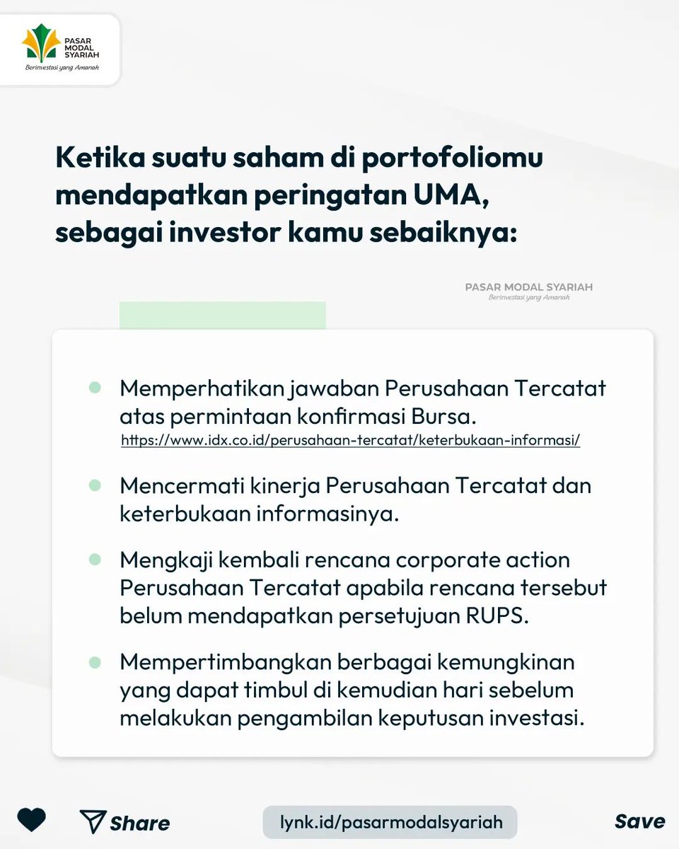 pm_syariah's tweet photo. UMA bisa terjadi ketika harga suatu saham/volume transaksi yg biasanya kecil, tiba2 volume transaksi &amp; harganya meningkat pesat bahkan Auto Reject Atas (ARA).

Ketika pergerakannya tidak wajar, bursa akan mengamati &amp; mengumumkan UMA &amp; meminta konfirmasi yg terjadi kepada emiten. https://t.co/R70eXPPZd7
