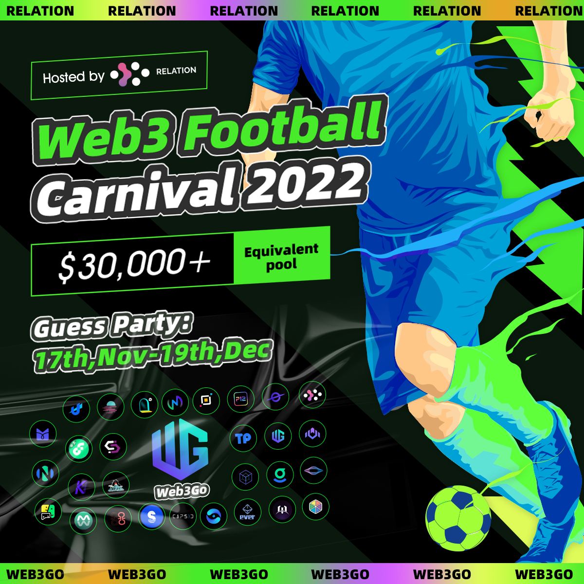 ⚽️#Web3 Football Carnival 2022 is coming
 
🏆28+ Top Web3 brands offering an Equivalent Pool up to💲30,000

🎁#NFT #Giveaway &amp; #SemanticSBT release keep coming in a row
 
An unprecedented #FOOTBALL GUESS PARTY💥
🥁Launch on 17th Nov

☑️Follow <a href="/relationlabs/">Relation</a> &amp; <a href="/Web3Go/">Web3Go Technology</a> to catch up!