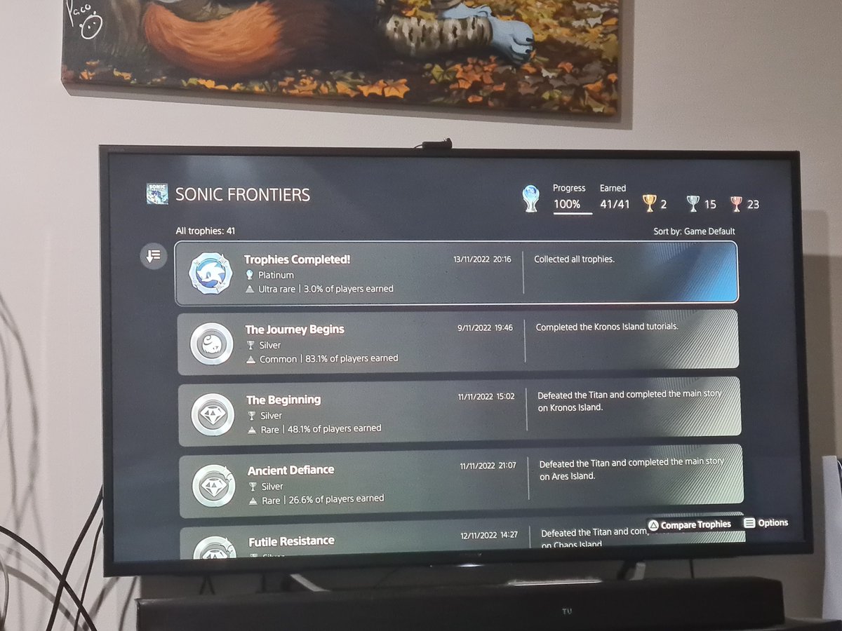 Sungore86's tweet photo. Frontiers was enjoyable enough I got the platinum. Only had to clean up 4 trophies after completion.

Was good fun #SonicFrontiers https://t.co/9ykL6WMayw