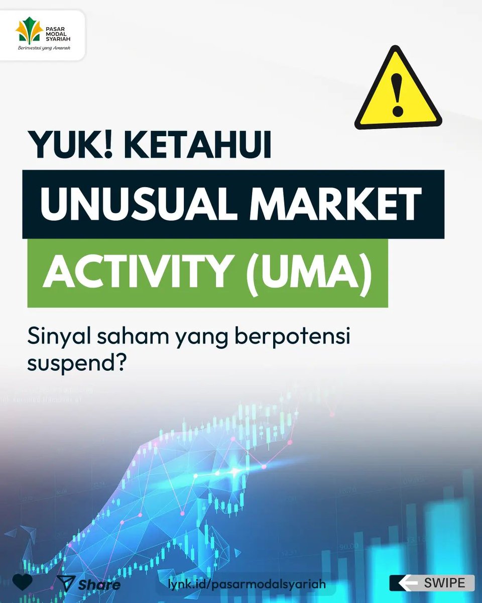 pm_syariah's tweet photo. Pernah punya saham yg disuspen? Sehingga saham tsb tidak bisa kamu transaksikan?

Sebenarnya seblm penghentian sementara perdagangan (suspensi) saham, Bursa akan memberi pengumuman Unsual Market Activity (UMA) sbg sinyal suatu saham transaksinya tidak wajar. https://t.co/50BjdFA9DR
