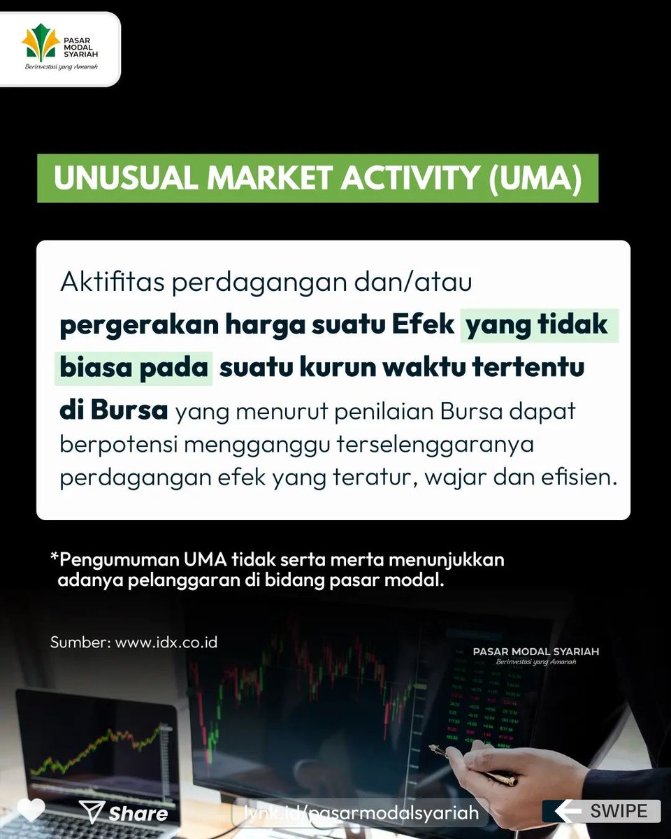 pm_syariah's tweet photo. Pernah punya saham yg disuspen? Sehingga saham tsb tidak bisa kamu transaksikan?

Sebenarnya seblm penghentian sementara perdagangan (suspensi) saham, Bursa akan memberi pengumuman Unsual Market Activity (UMA) sbg sinyal suatu saham transaksinya tidak wajar. https://t.co/50BjdFA9DR