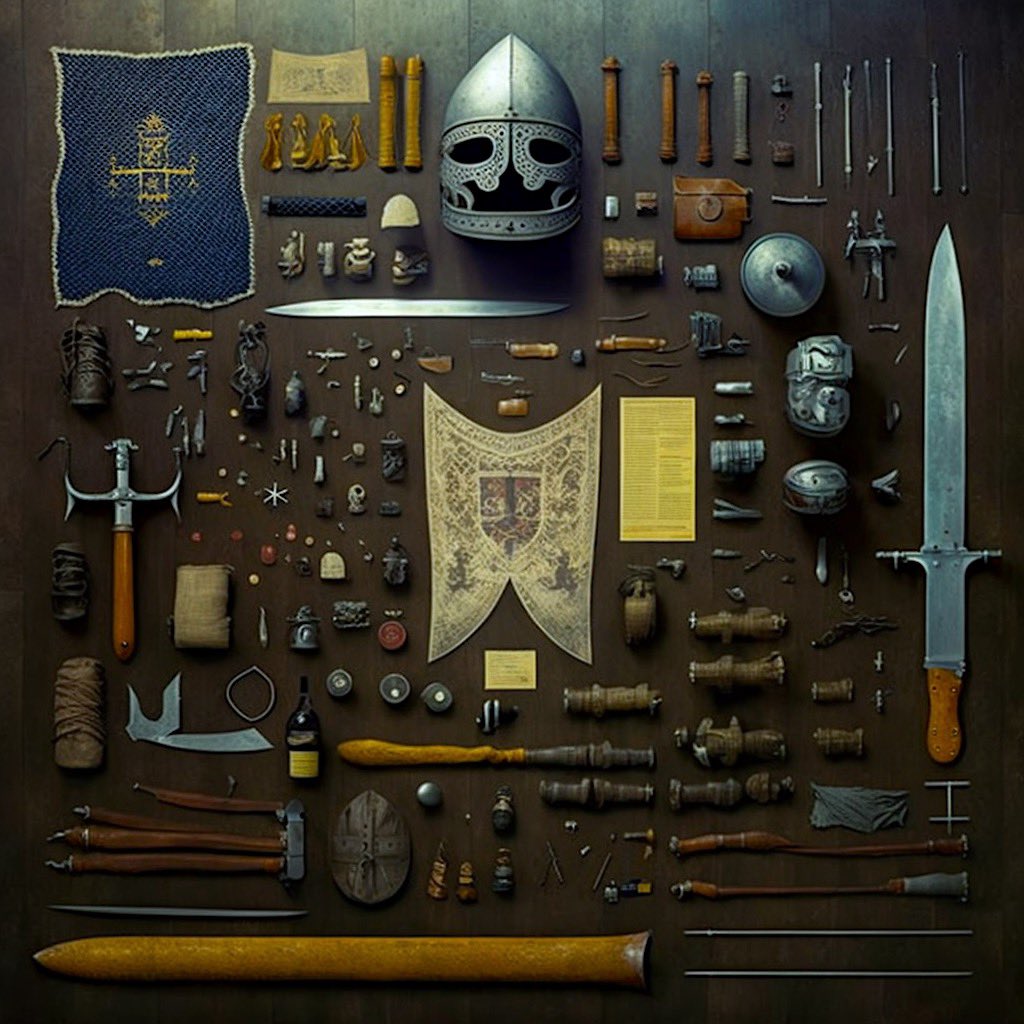 CoffeeVectors's tweet photo. Knight NPC Starter Kit—Knolling weapons, armor, and a bunch of misc. sidequest items with #midjourneyv4 #ai #aiartist #MachineLearning #deeplearning #aiartcommunity #aiartistcommunity #genart #aiia #aiartists https://t.co/6iIf2gz7ch