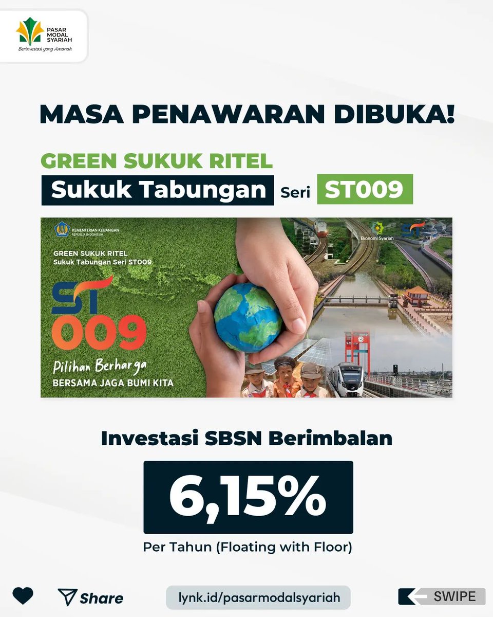 pm_syariah's tweet photo. Masa penawaran ST009 sudah dibuka! Kamu dapat memesan ST009 ini secara online minimal 1 unit (Rp1 juta) melalui Mitra Distribusi yg telah ditunjuk Pemerintah.

Pemesanan dapat dilakukan hingga tanggal 30 November 2022 pukul 10.00 WIB.

Yuk segera pesan sebelum kuotanya kehabisan! https://t.co/j1GS3EhMae