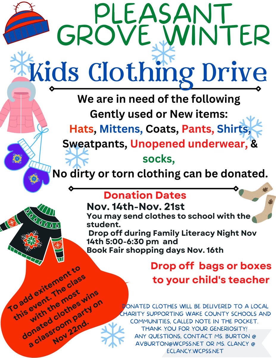 Join the Pleasant Grove Student Council in support of our Kids Clothing Drive, November 14 - 21