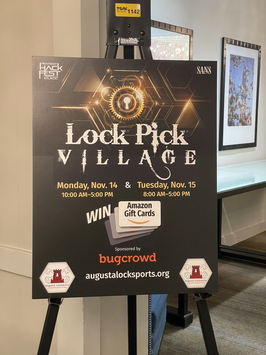 PickAugusta's tweet image. Running a lockpick village in DC for the #sans pen test hackathon. Can’t wait to teach how we do this in the capital!