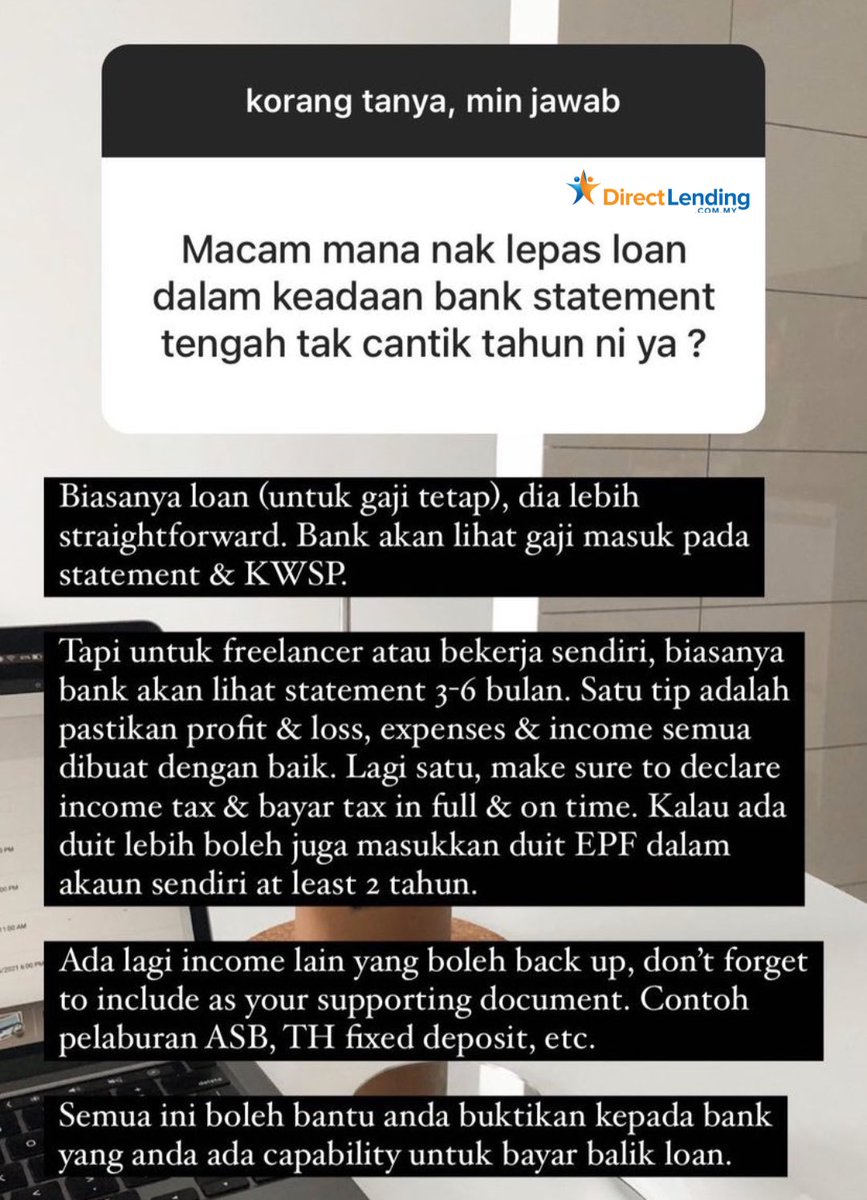 DirectlendingMY's tweet photo. Bank atau mana-mana institusi kewangan akan minta statement untuk check korang ni mampu bayar loan atau tidak.

Tapi, kalau bank statement tak cantik nak buat apa? 

Baca ni 👇🏻 https://t.co/0rNI8XFxrc