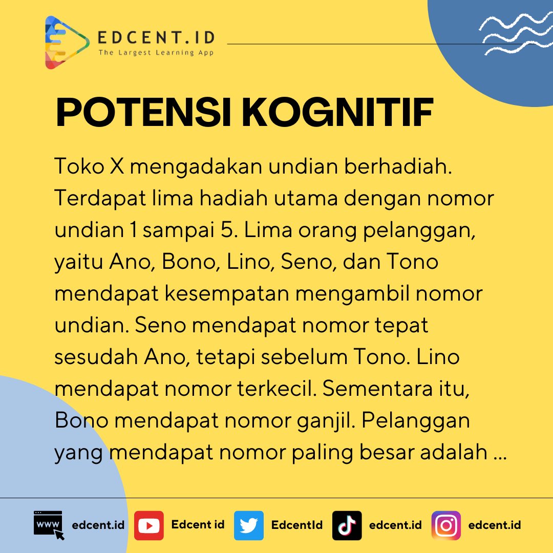 EdcentId's tweet photo. ☀️ PREDIKSI SOAL TES SKOLASTIK ☀️
Persiapan SNBT UTBK 2023

Soal Potensi Kognitif
(A Thread)

Pembahasan soal ada di link di setiap soalnya ya, Sobat Edcent! 😊
#studytwt #studyacc #ambisverse #utbk2023 #snbt2023 #potensikognitif https://t.co/xagJYDlAHL