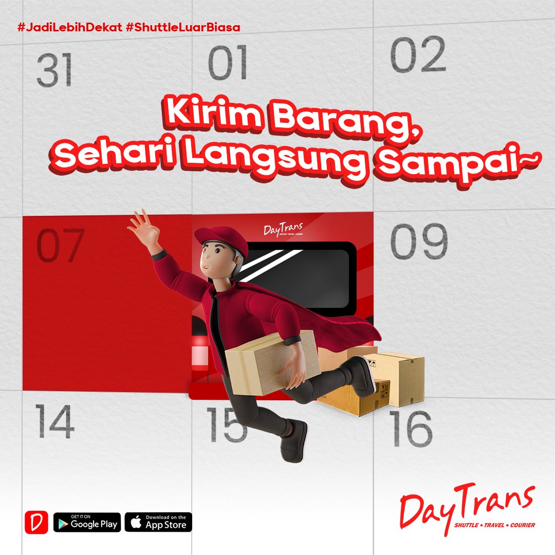 DayTrans (@daytransid) on Twitter photo DT'ers mau kirim barang antarkota yang cepat sampainya?
Nah pas banget nih! DayTrans Express menyediakan jasa antar paket kamu SAMEDAY, nggak perlu nunggu lama paket kamu akan sampai hari itu juga lho! DT'ers mau kirim barang antarkota yang cepat sampainya?
Nah pas banget nih! DayTrans Express menyediakan jasa antar paket kamu SAMEDAY, nggak perlu nunggu lama paket kamu akan sampai hari itu juga lho!