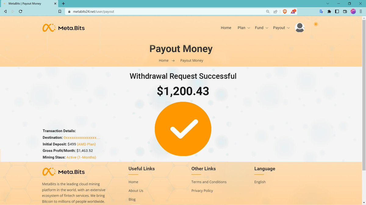 metabits247's tweet photo. ✅ $1,200.43 was withdrawn successfully by user #1365

✅ Earn with >> https://t.co/6Pad0KhT5N

#metabits #cryptocurrency #CryptoMining #Trending #solana #eth  #NFTCommunity #NFT  #Bitcoin #LUNC #CryptoNews #metabits24 #web3mining https://t.co/5bw4qp57uP
