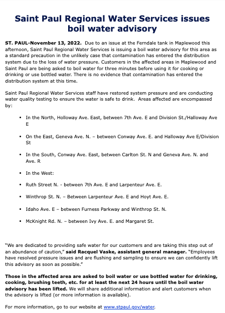 bzosiad's tweet image. ST. PAUL: *Boil your water!* Maplewood, you too! (In the following neighborhoods) stpaul.gov/water