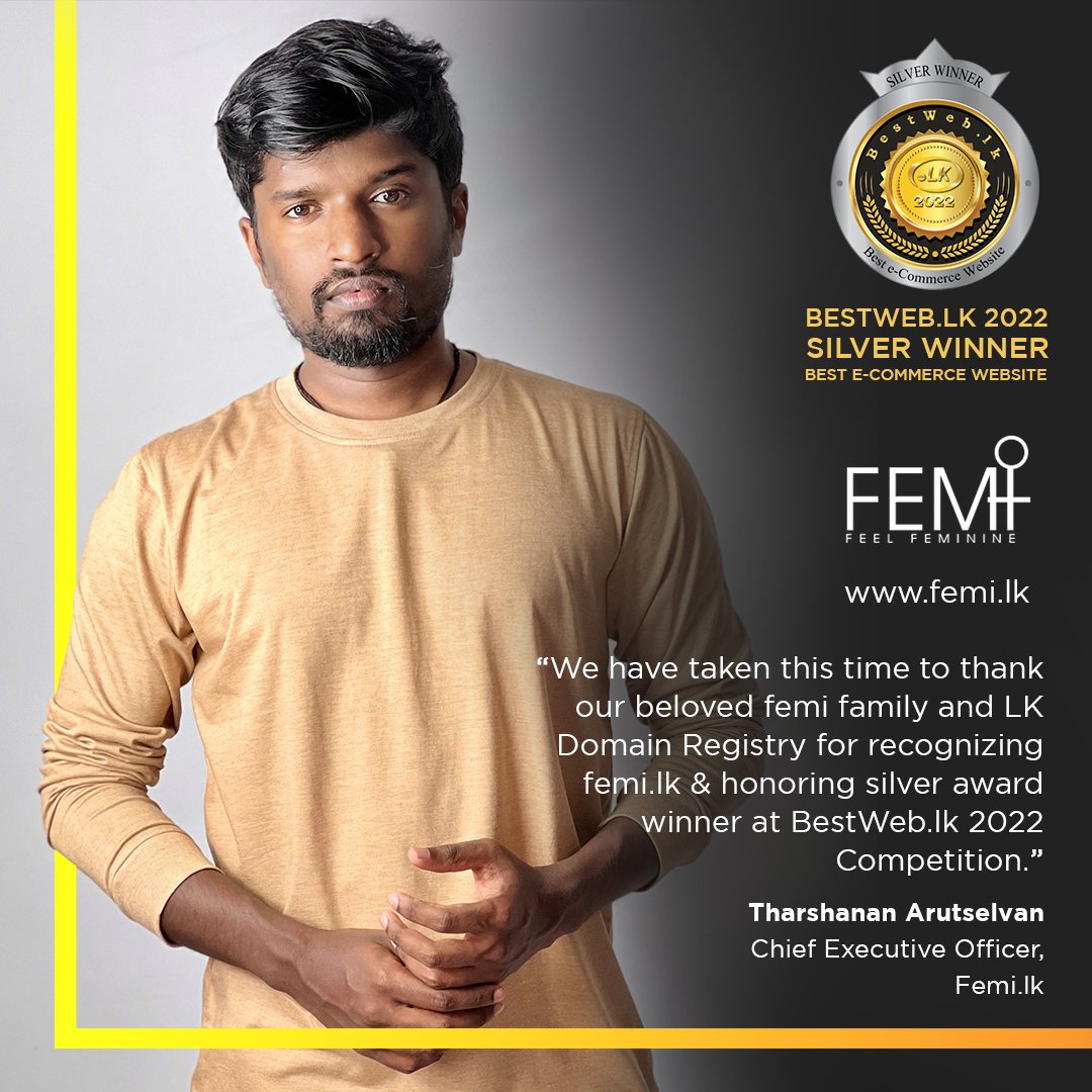 BestWebLK's tweet image. Tharshanan Arutselvan, Chief Executive Officer, Femi.lk expressed his thoughts about receiving Silver Award for the Best e-Commerce Website on the BestWeb.LK competition.
#BestWeb2022Winner #BestWeb2022 #BestWebLK #LKDomainRegistry